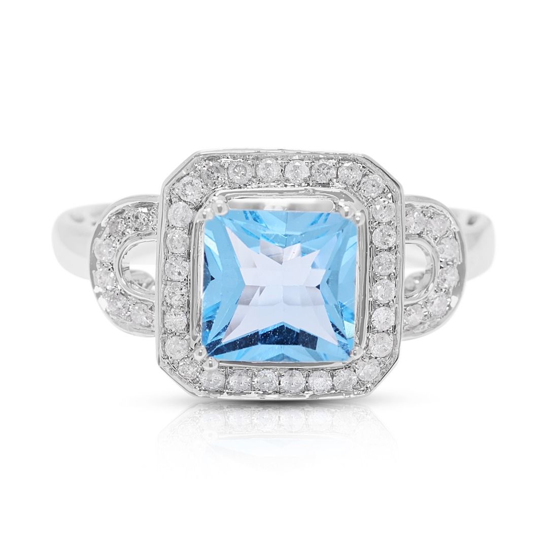 Radiant 2.50ct Light Blue Topaz & Diamond Ring in 18K White Gold