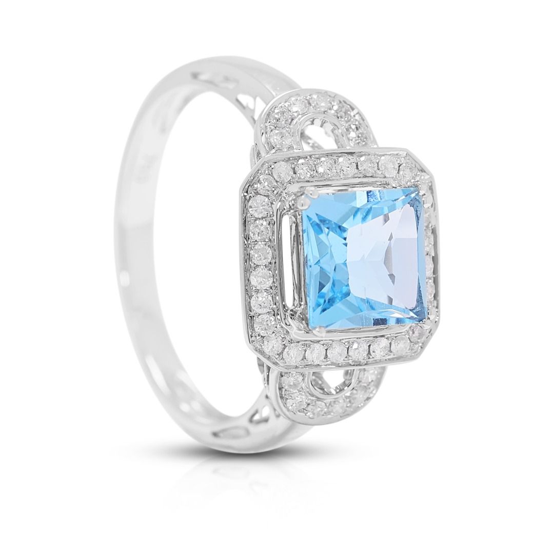 Radiant 2.50ct Light Blue Topaz & Diamond Ring in 18K White Gold