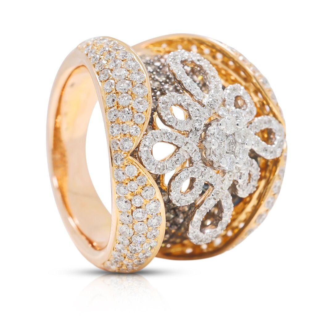 Radiant 3.90ct Natural Diamond Floral Statement Ring in 18K Two-Tone Gold
