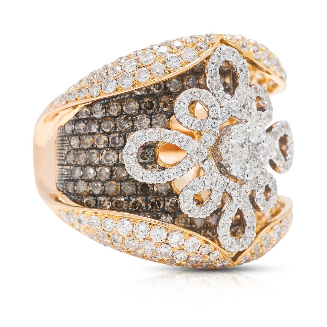 Radiant 3.90ct Natural Diamond Floral Statement Ring in 18K Two-Tone Gold