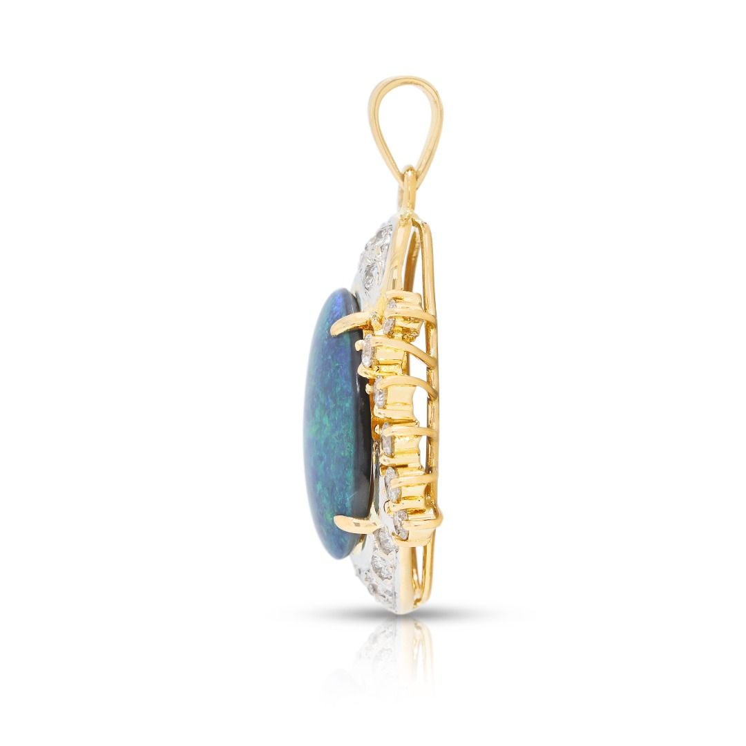 Radiant Blue Opal Cabochon with 0.30ct Diamond Halo Pendant in 18K Two-Tone Gold