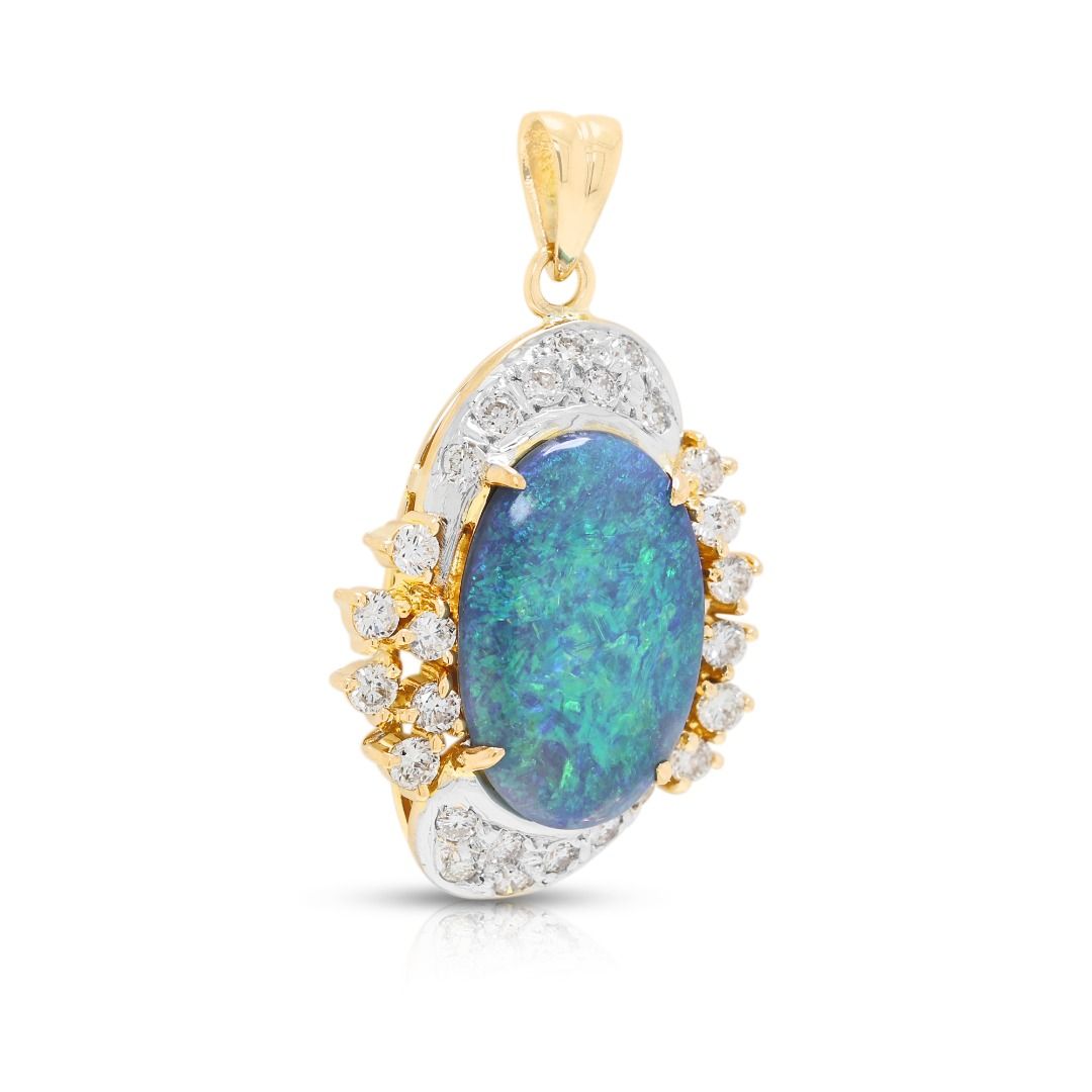 Radiant Blue Opal Cabochon with 0.30ct Diamond Halo Pendant in 18K Two-Tone Gold