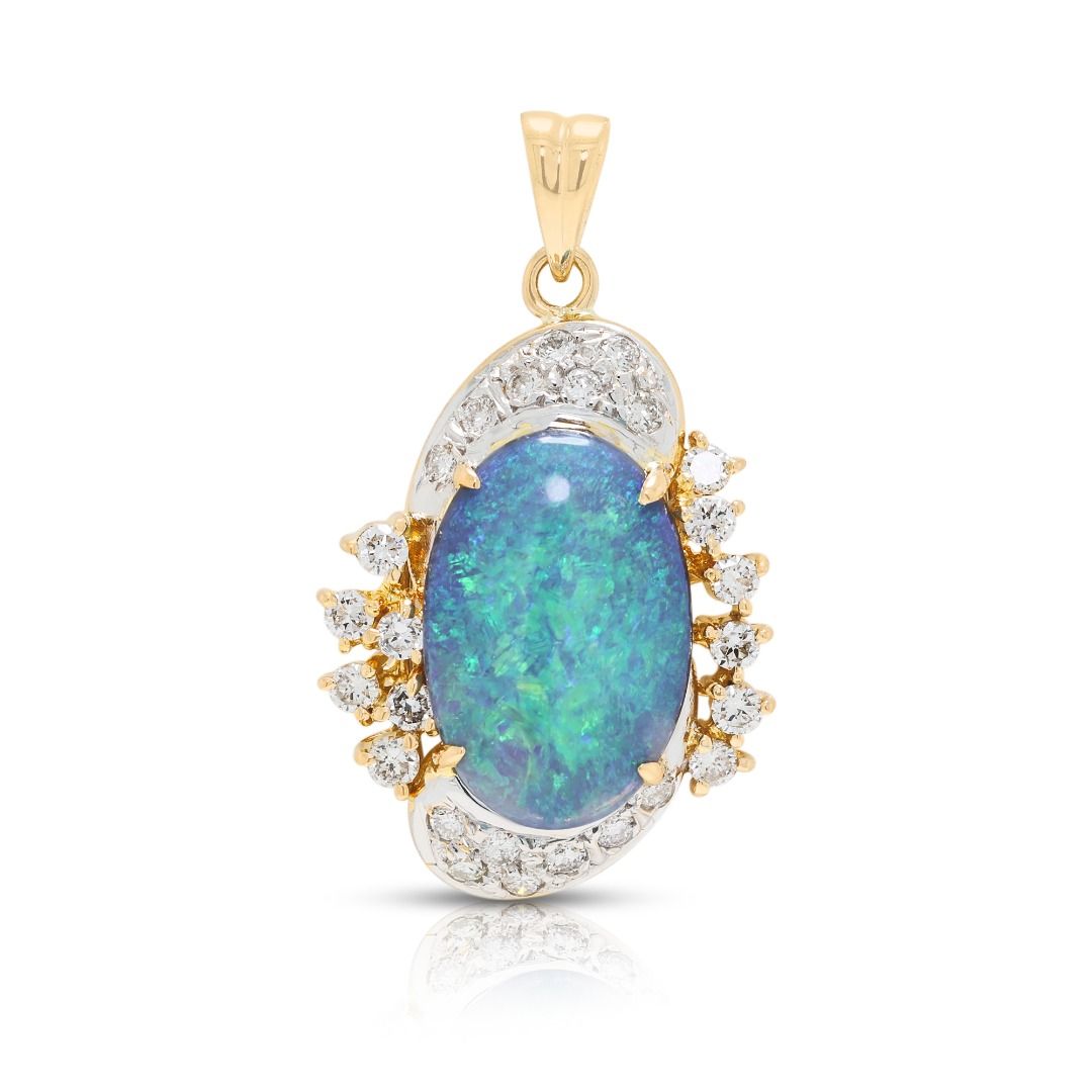 Radiant Blue Opal Cabochon with 0.30ct Diamond Halo Pendant in 18K Two-Tone Gold