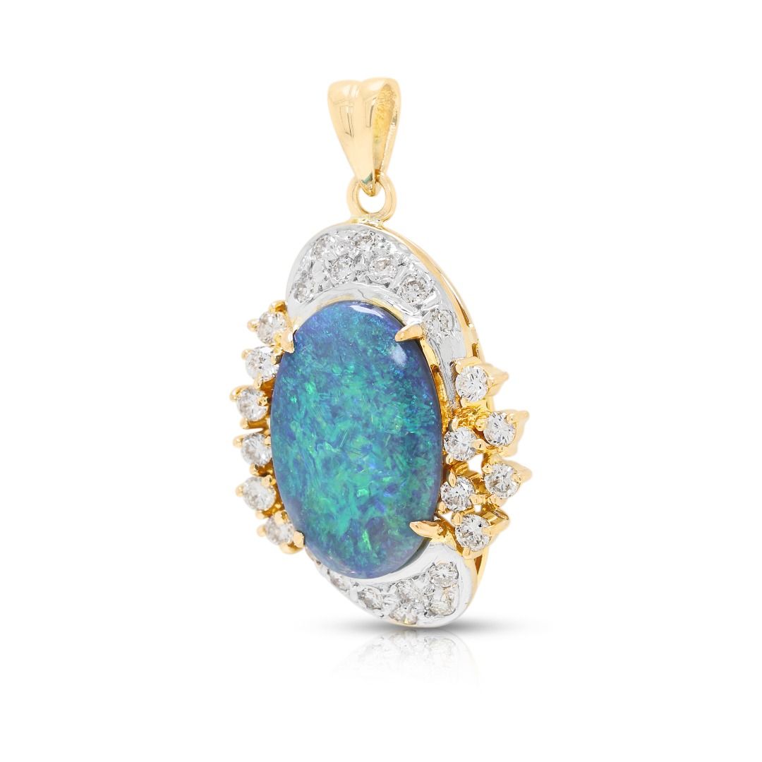 Radiant Blue Opal Cabochon with 0.30ct Diamond Halo Pendant in 18K Two-Tone Gold