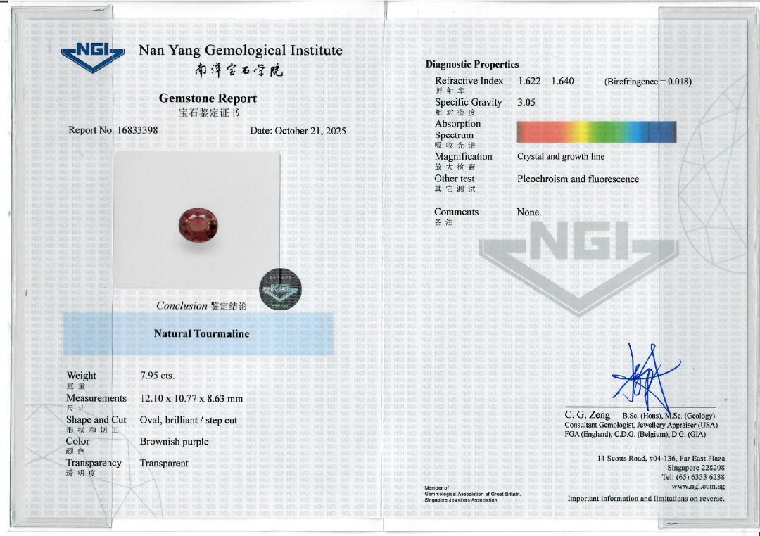 Rare 7.95ct Oval Brownish Purple Tourmaline Loose Gemstone with NGI Certificate