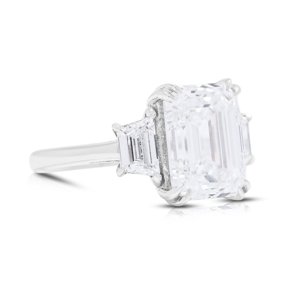 Refined 3.57ct Emerald & Trapezoid Diamond Ring in 18K White Gold - GIA Certified