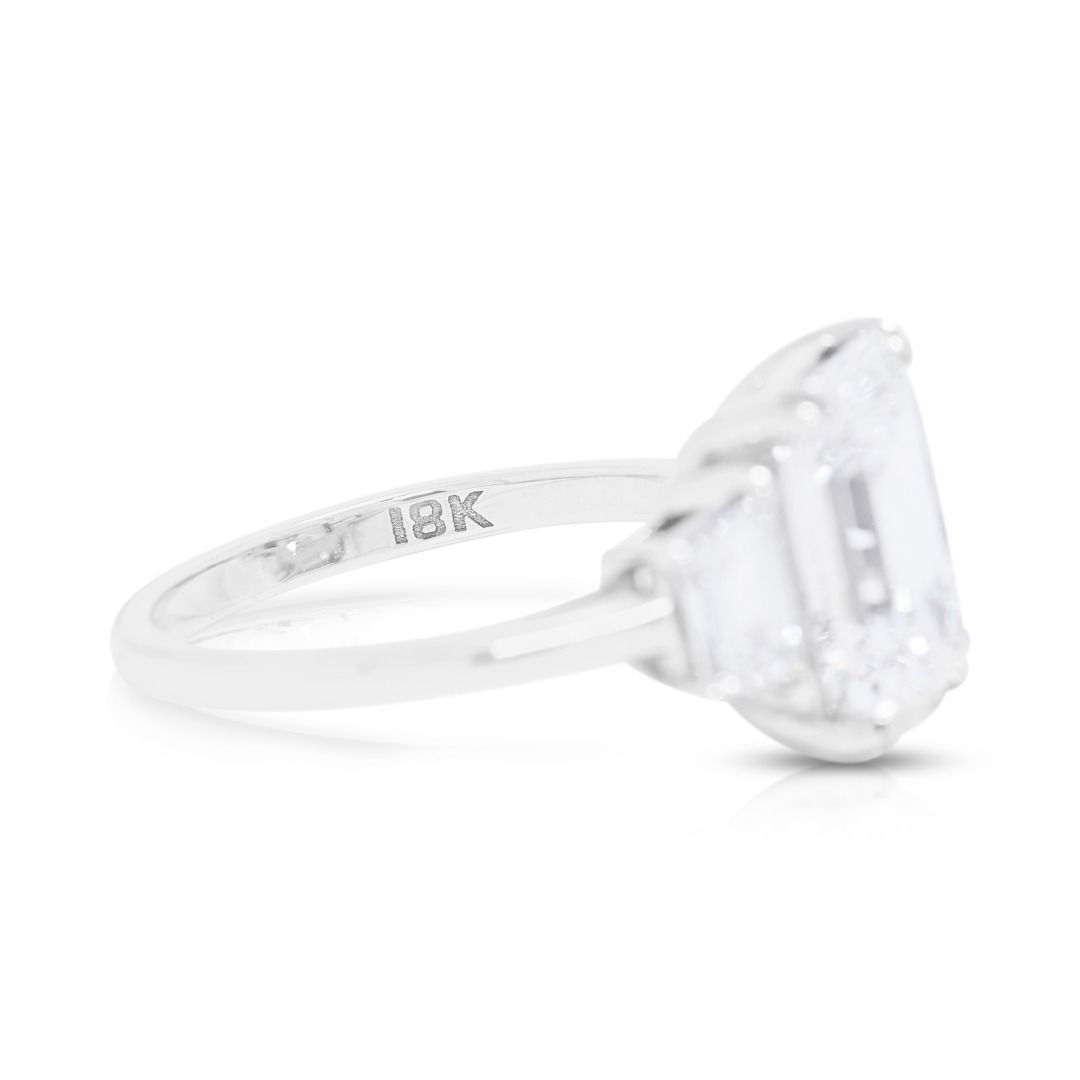 Refined 3.57ct Emerald & Trapezoid Diamond Ring in 18K White Gold - GIA Certified