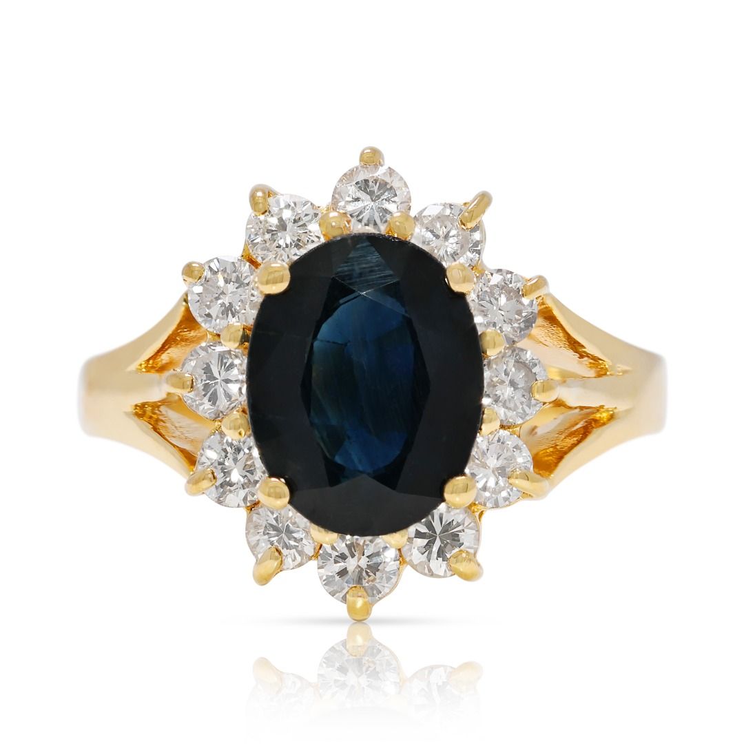 Regal 1.62ct Natural Blue Sapphire and Diamond Halo 18k Gold Ring