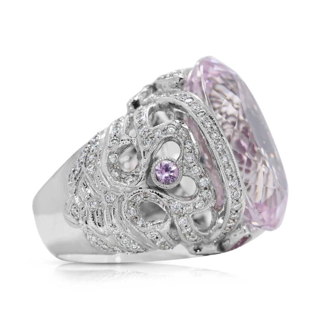 Regal 29.2ct Kunzite and Natural Diamonds Big Ring in 18K White Gold - NGI Certified