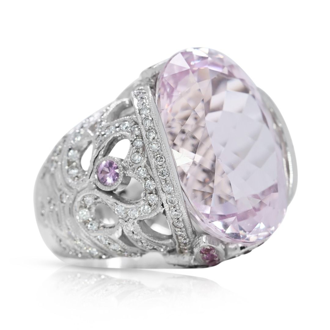 Regal 29.2ct Kunzite and Natural Diamonds Big Ring in 18K White Gold - NGI Certified