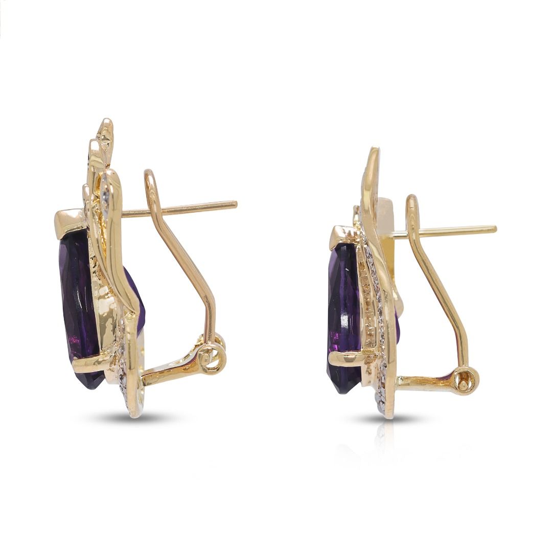 Regal 5.29ct Pear-Shaped Amethyst and Diamond Halo Cluster Earrings in 14k Yellow Gold