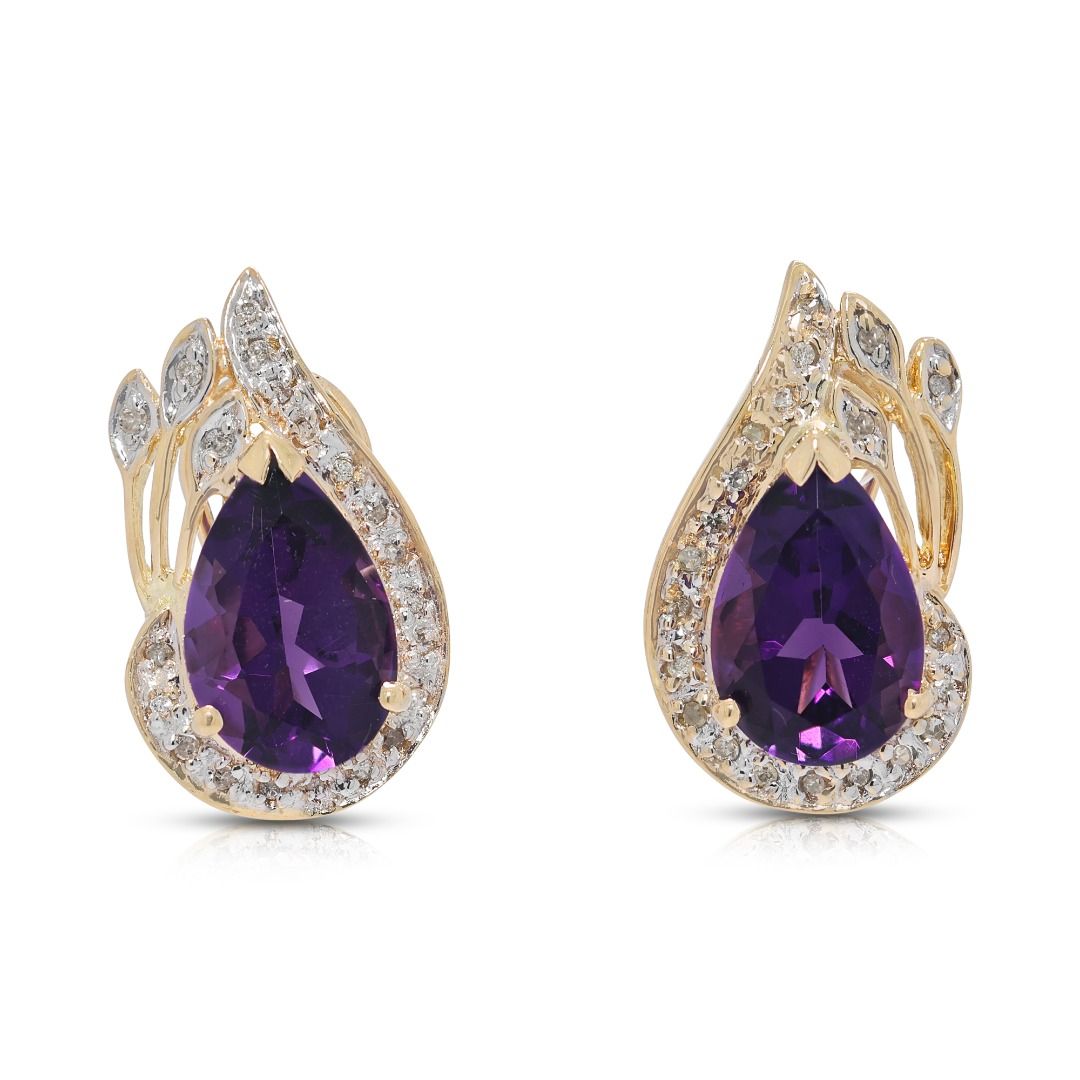 Regal 5.29ct Pear-Shaped Amethyst and Diamond Halo Cluster Earrings in 14k Yellow Gold
