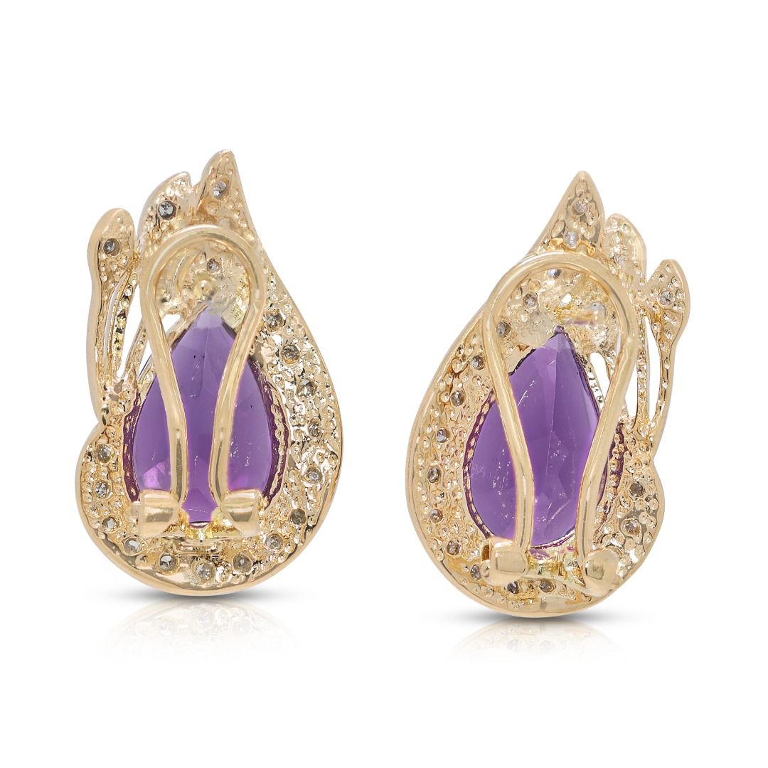 Regal 5.29ct Pear-Shaped Amethyst and Diamond Halo Cluster Earrings in 14k Yellow Gold