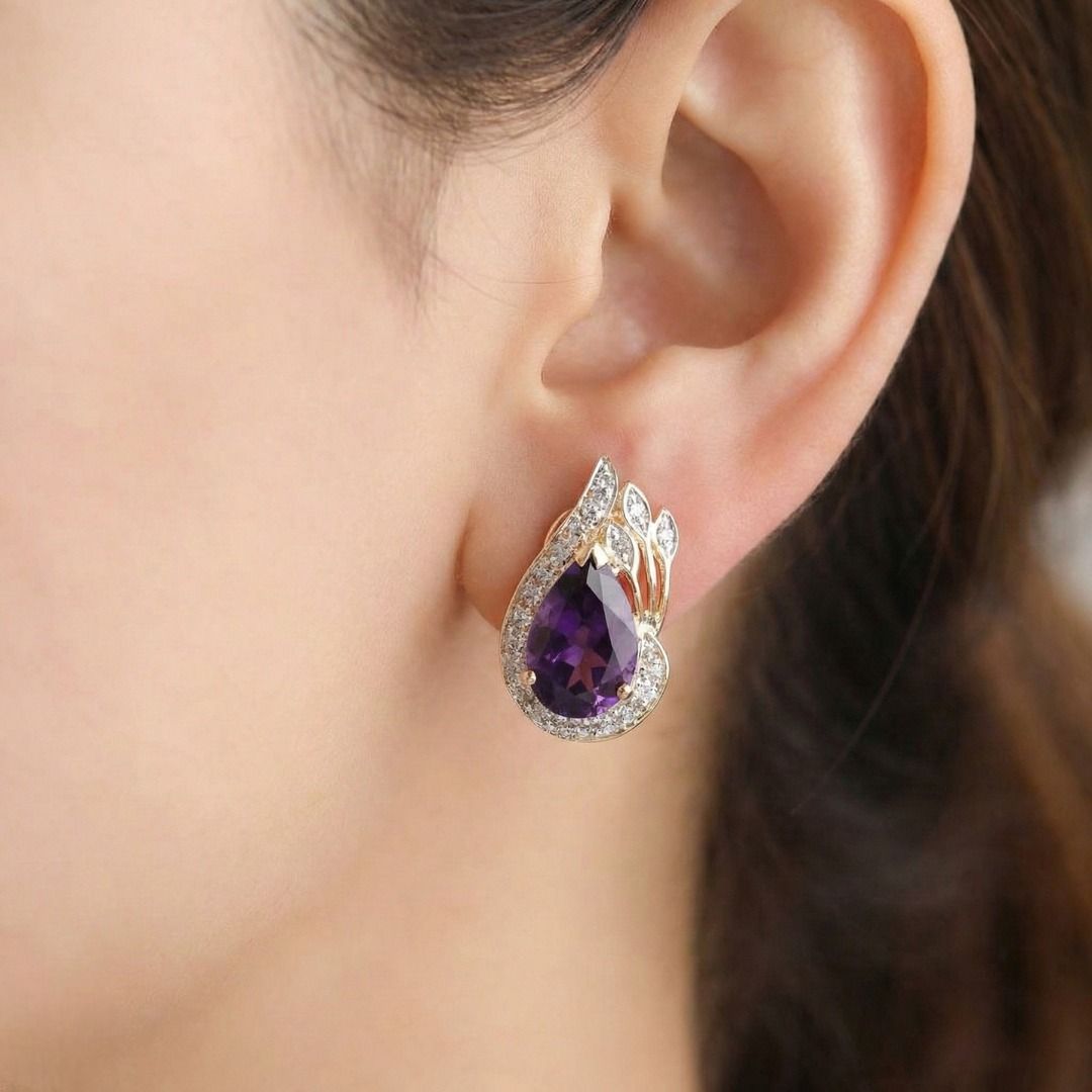 Regal 5.29ct Pear-Shaped Amethyst and Diamond Halo Cluster Earrings in 14k Yellow Gold