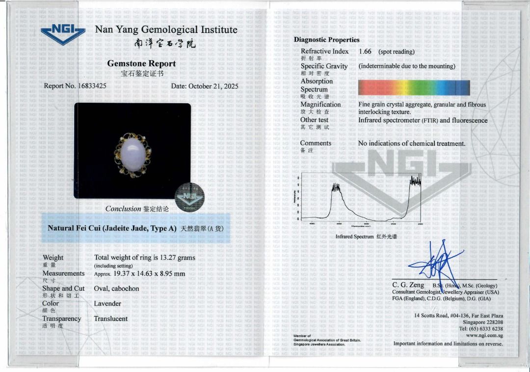 Regal Type A Purple Jadeite & 1.20ct Diamond Ring in 20K Yellow Gold - NGI Certified