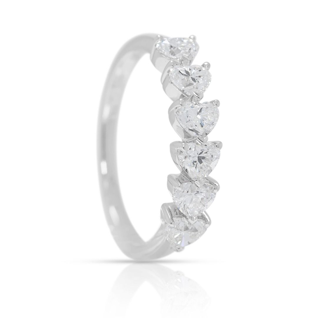 Romantic 1.08ct 6-stones Heart-Shaped Natural Diamond Band in 18K White Gold (unworn)
