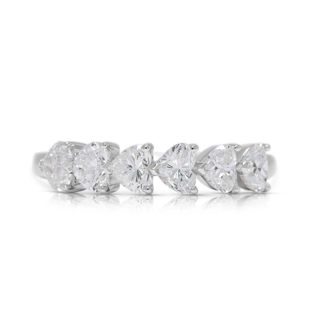 Romantic 1.08ct 6-stones Heart-Shaped Natural Diamond Band in 18K White Gold (unworn)