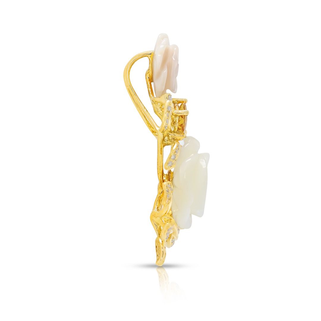 Romantic Mother of Pearl Floral Pendant with 0.7ct Sapphire and 0.20ct Diamond in 18K Yellow Gold