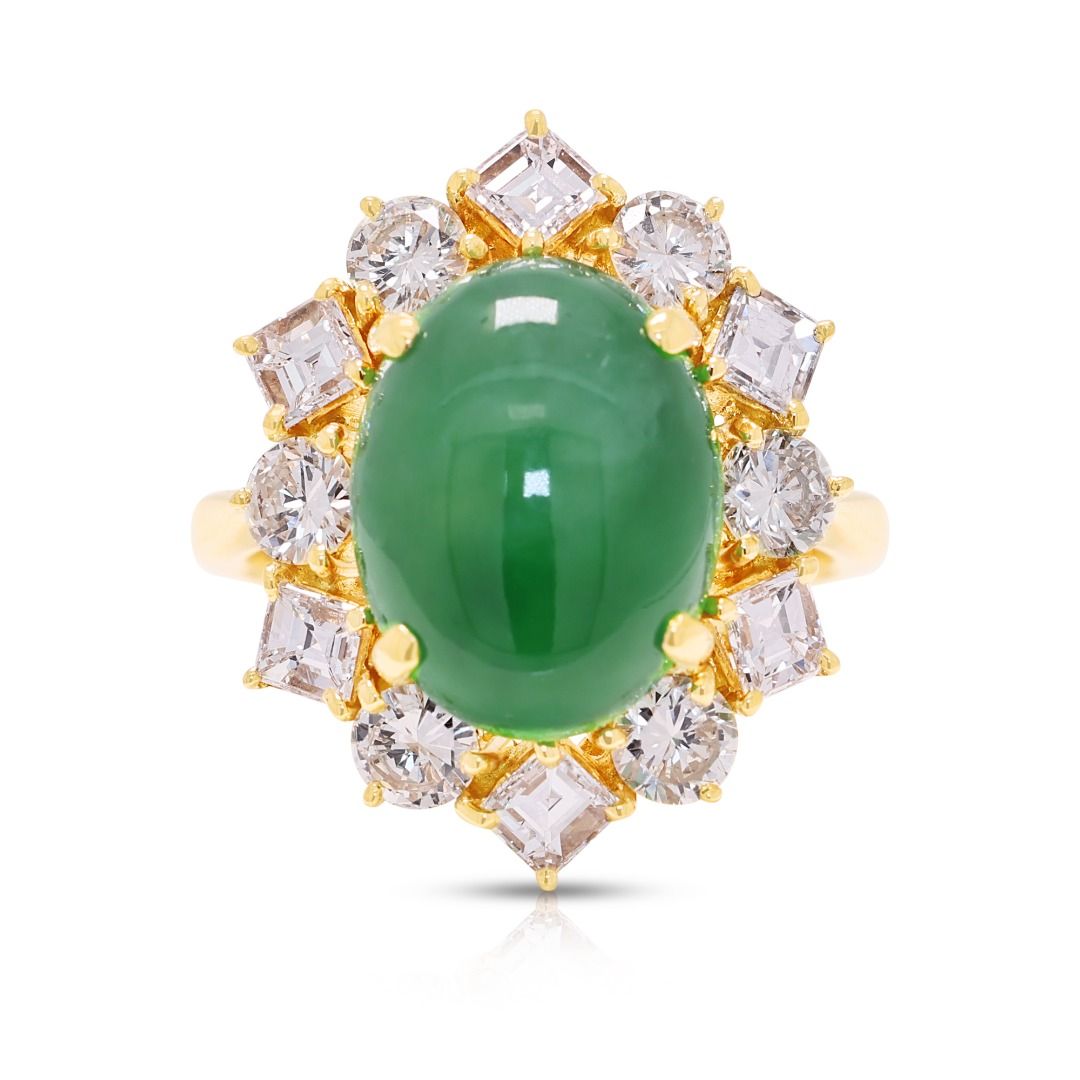 Royal 5.6ct Jadeite Jade & Diamond Ring in 18K Yellow Gold -NGI Certified