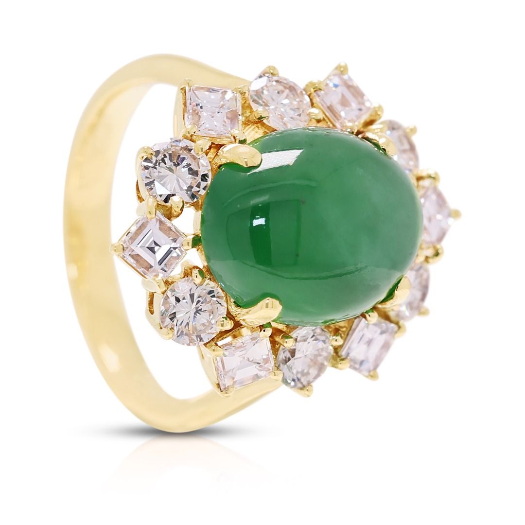 Royal 5.6ct Jadeite Jade & Diamond Ring in 18K Yellow Gold -NGI Certified