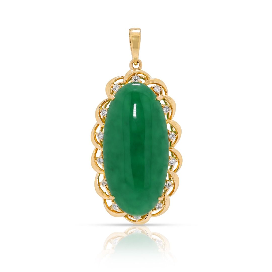 Serene Green Jade & 0.21ct Diamond Pendant in 20K Yellow Gold