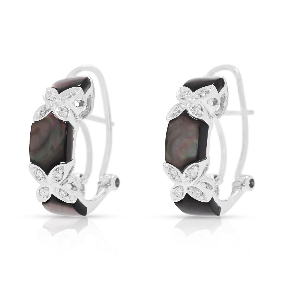 Sophisticated 0.12ct Diamond & Mother of Pearl Earrings in 18K White Gold