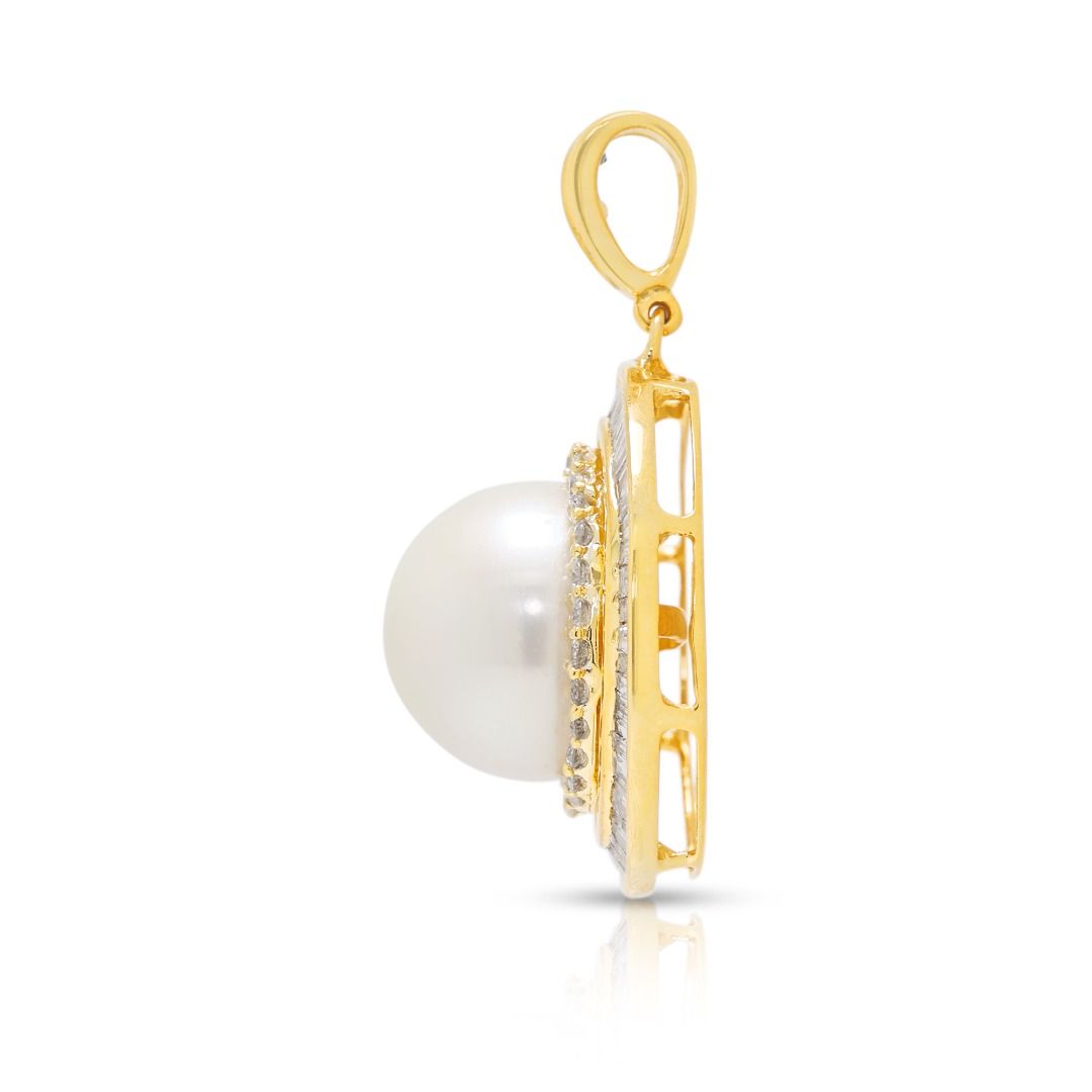 Sophisticated 0.56ct Natural Diamond and Pearl Double Halo Pendant in 18K Yellow Gold