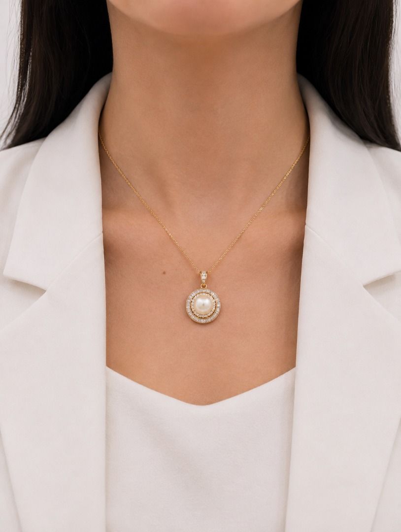 Sophisticated 0.56ct Natural Diamond and Pearl Double Halo Pendant in 18K Yellow Gold