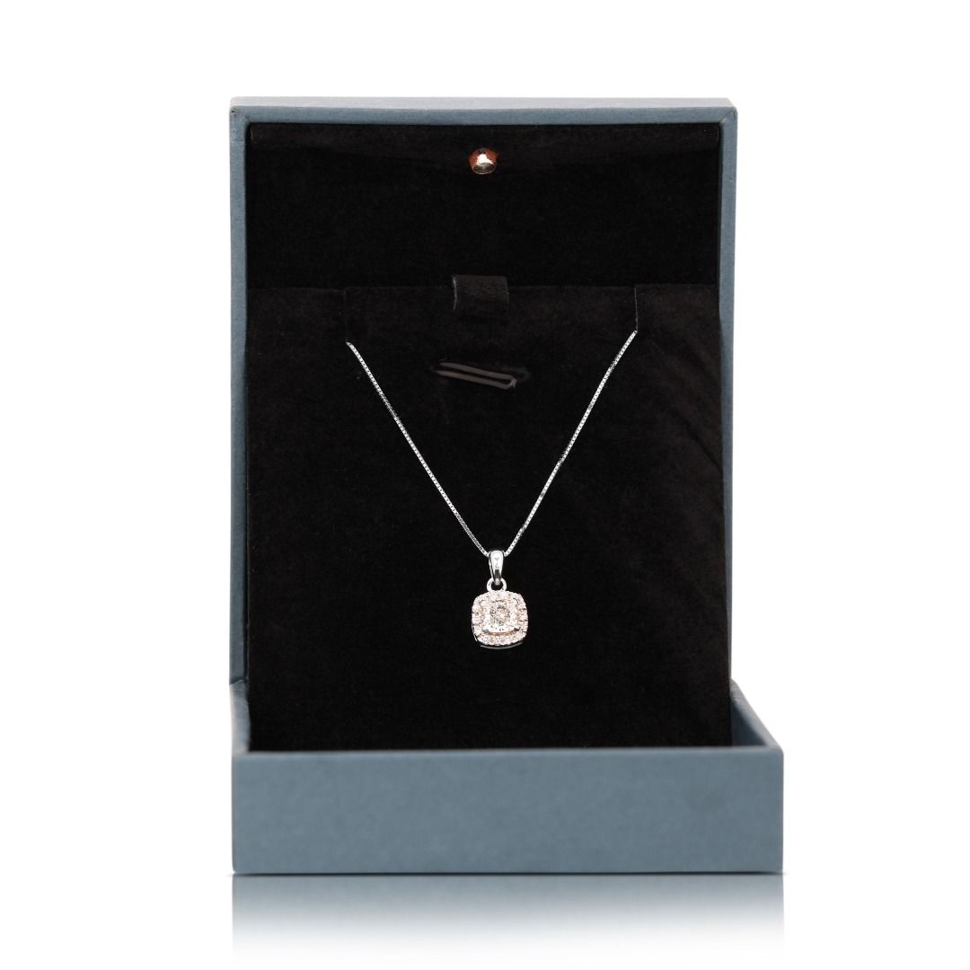 Timeless 0.67ct Diamonds Necklace with Halo Cushion Pendant in 18k White Gold - GIA Certified
