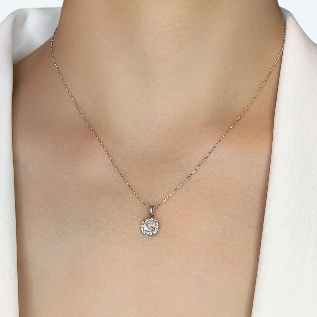 Timeless 0.67ct Diamonds Necklace with Halo Cushion Pendant in 18k White Gold - GIA Certified