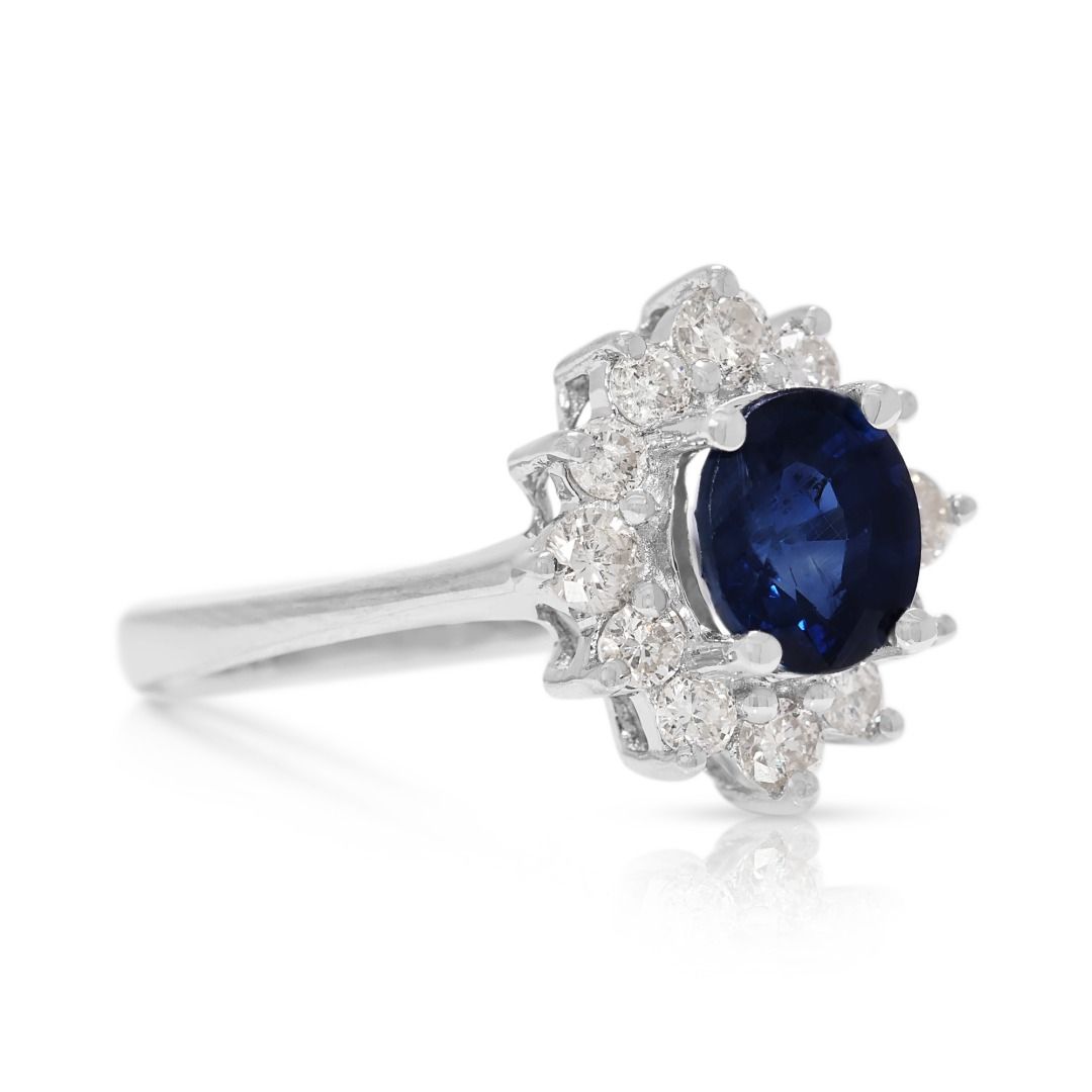 Sophisticated 0.92ct Sapphire and Diamond Halo Ring in 18k White Gold