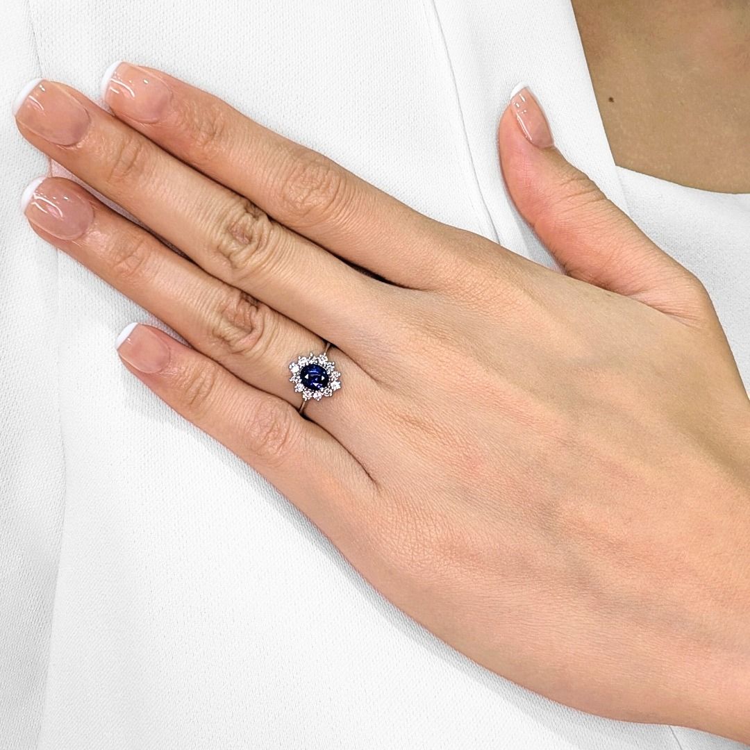 Sophisticated 0.92ct Sapphire and Diamond Halo Ring in 18k White Gold