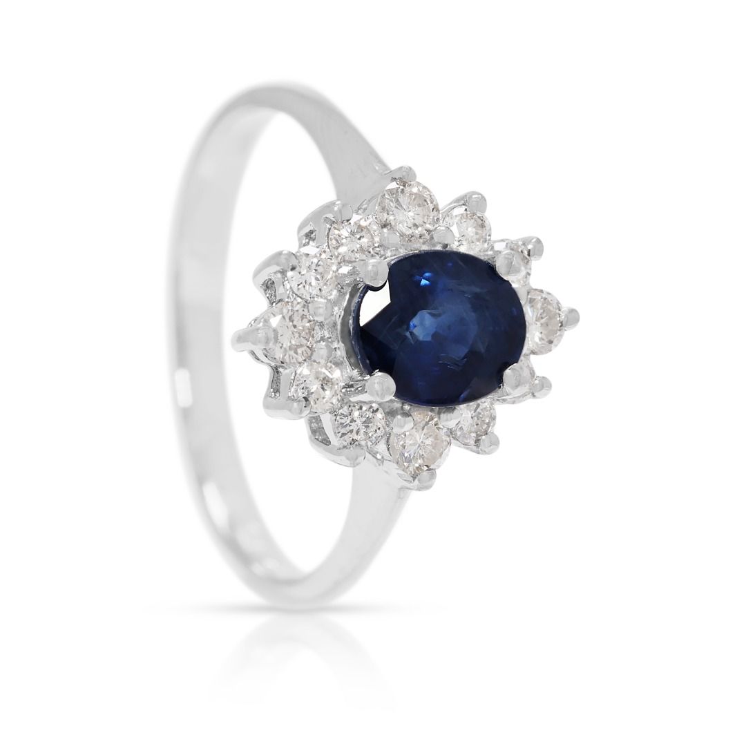Sophisticated 0.92ct Sapphire and Diamond Halo Ring in 18k White Gold