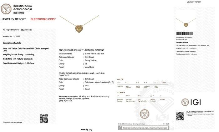 Sophisticated 1.26ct Diamonds Necklace with Heart-Halo Pendant in 18k Yellow Gold - IGI Certified