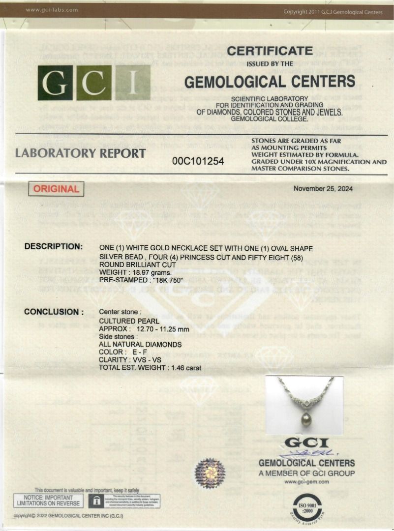 Sophisticated 1.46ct Cultured Pearl and Natural Diamonds Necklace in 18k White Gold - GCI Certified