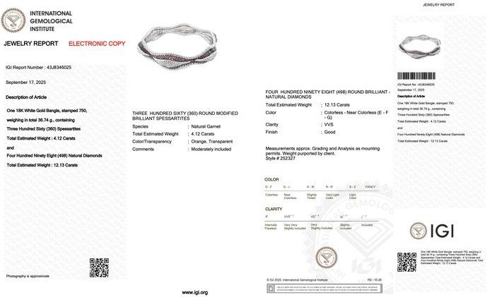 Sophisticated 16.25ct Spessartites and Diamonds Bangle in 18k White Gold - IGI Certified