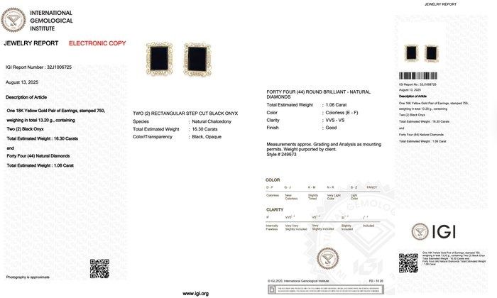 Sophisticated 17.36ct Onyx and Diamonds Stud Earrings in 18k Yellow Gold - IGI Certified