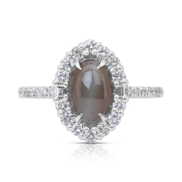 Sophisticated 2.77ct Cat's-Eye Chrysoberyl and Diamonds Cluster Ring in 14k White Gold - IGI Certified