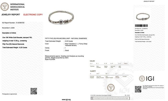 Sophisticated 6.25ct Diamonds Bracelet in 18k White Gold - IGI Certified