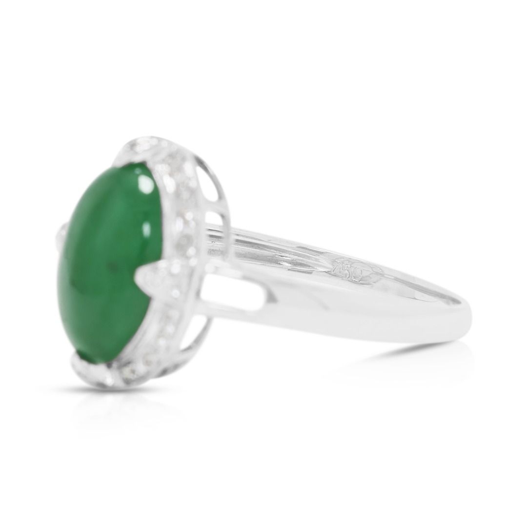 Sophisticated Green Jade & 0.18ct Diamond Halo Ring in 18K White Gold
