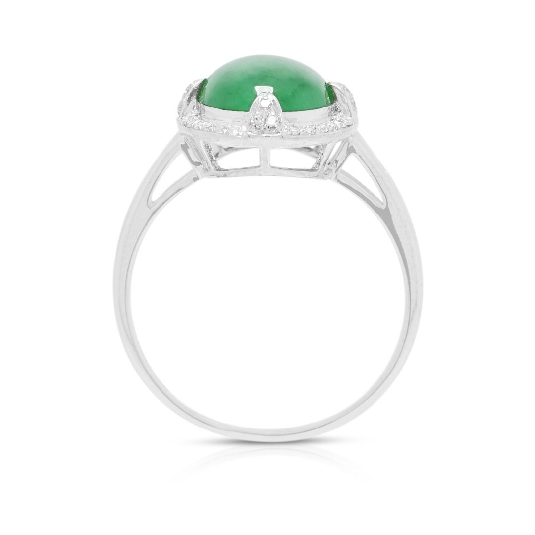 Sophisticated Green Jade & 0.18ct Diamond Halo Ring in 18K White Gold