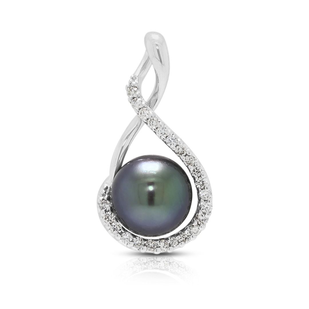 Sophisticated Lee Hwa 8.5mm Black Pearl & 0.24ct Diamond Pendant in 18K White Gold