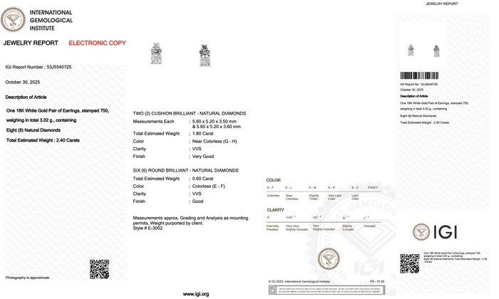 Sparkling 2.40ct Diamonds Earrings in 18k White Gold - IGI Certified