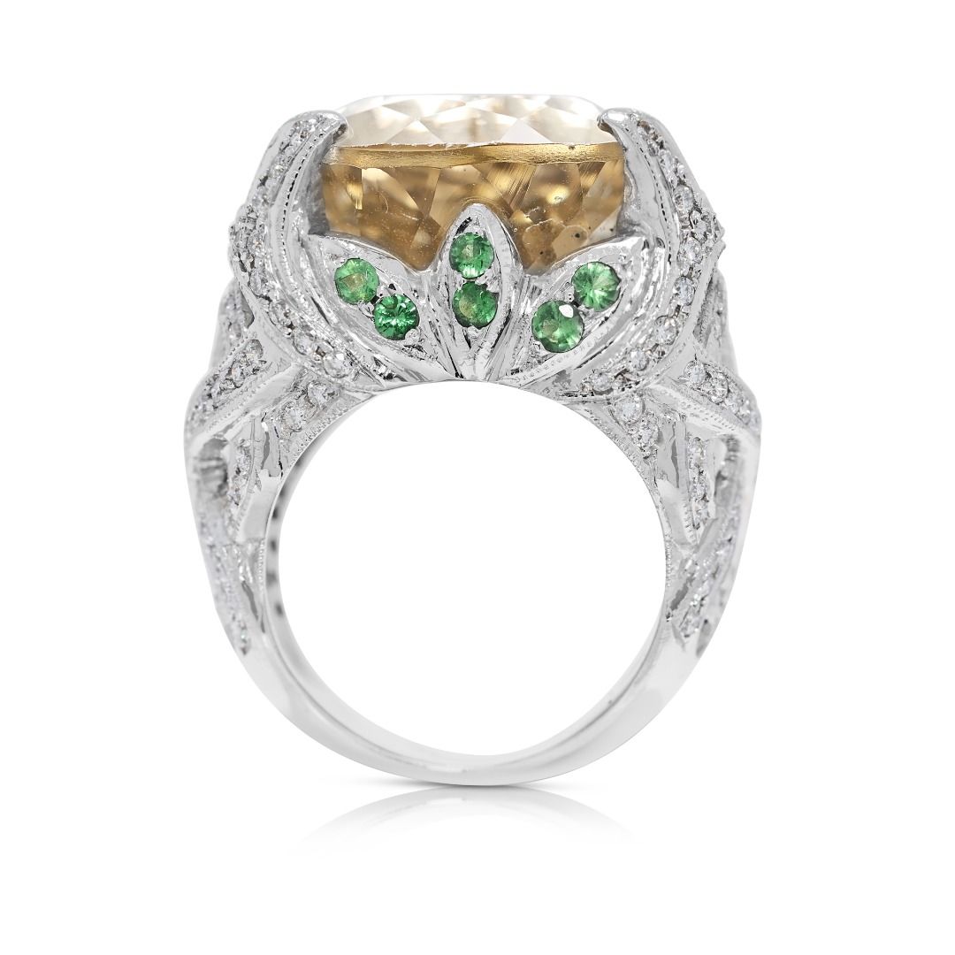 Statement 23.16ct Beryl, Garnet, and Natural Diamonds Ring in 18K White Gold - NGI Certified