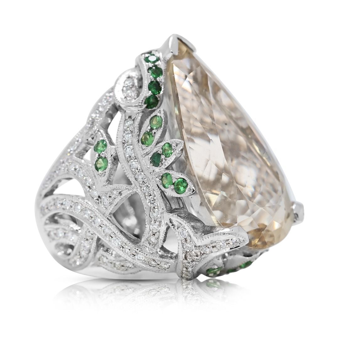 Statement 23.16ct Beryl, Garnet, and Natural Diamonds Ring in 18K White Gold - NGI Certified