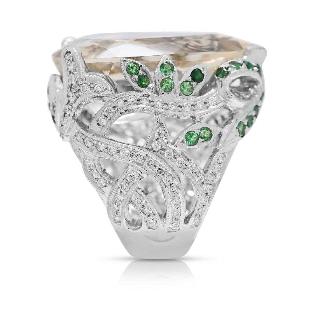 Statement 23.16ct Beryl, Garnet, and Natural Diamonds Ring in 18K White Gold - NGI Certified