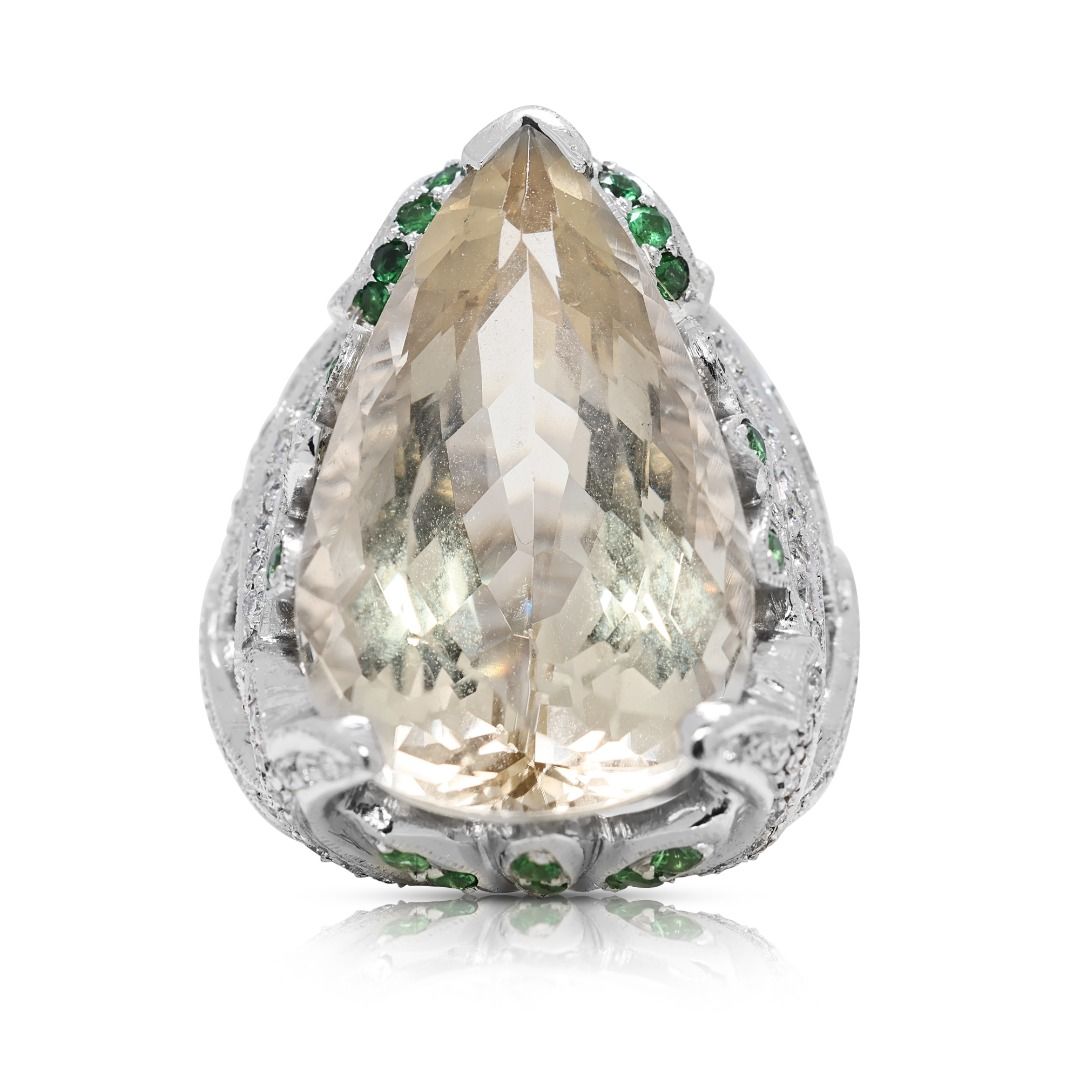 Statement 23.16ct Beryl, Garnet, and Natural Diamonds Ring in 18K White Gold - NGI Certified