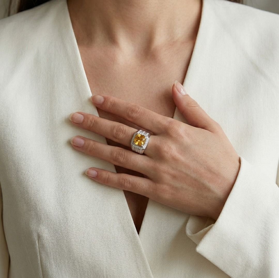 Statement 9.29ct Yellow Topaz & Diamond Ring in 8K White Gold - NGI Certified