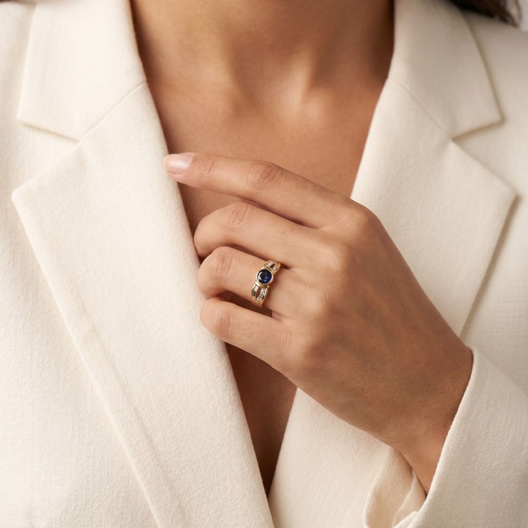 Striking 0.5ct Blue Sapphire with 0.08ct Natural Diamond Accent Ring in 14K Two-Tone Gold