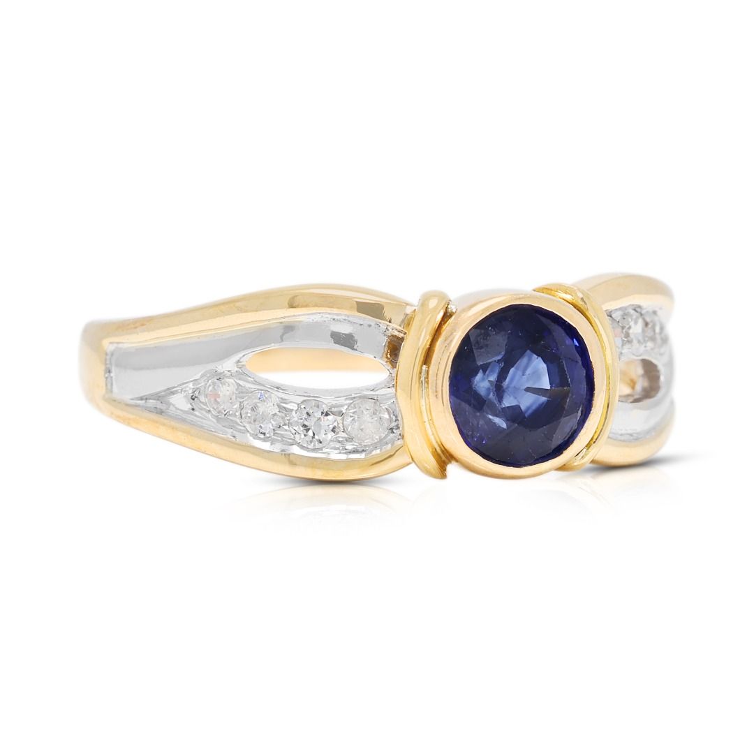 Striking 0.5ct Blue Sapphire with 0.08ct Natural Diamond Accent Ring in 14K Two-Tone Gold